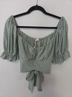 Blush BJ Sage Mint Green Eyelet Crop Top Tie Back Puff Off Shoulder Sleeve 1XL